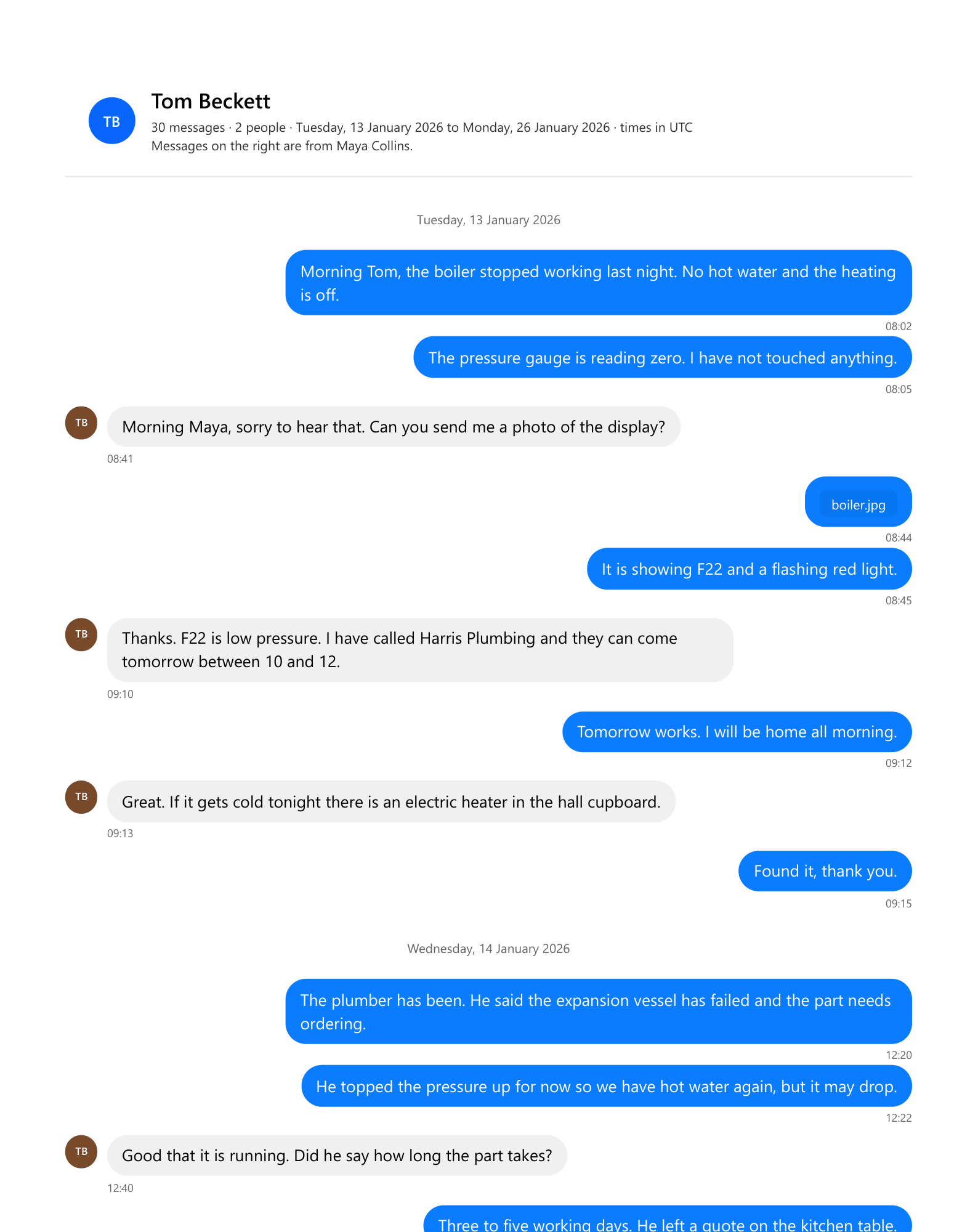 A page of the sample transcript in the Messenger look style