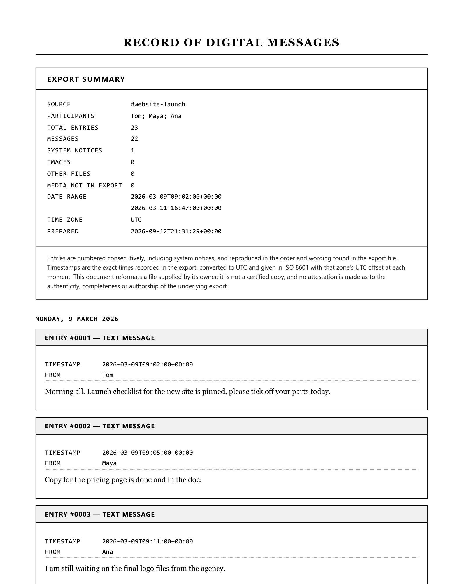 A page of the sample transcript in the Formal / legal style