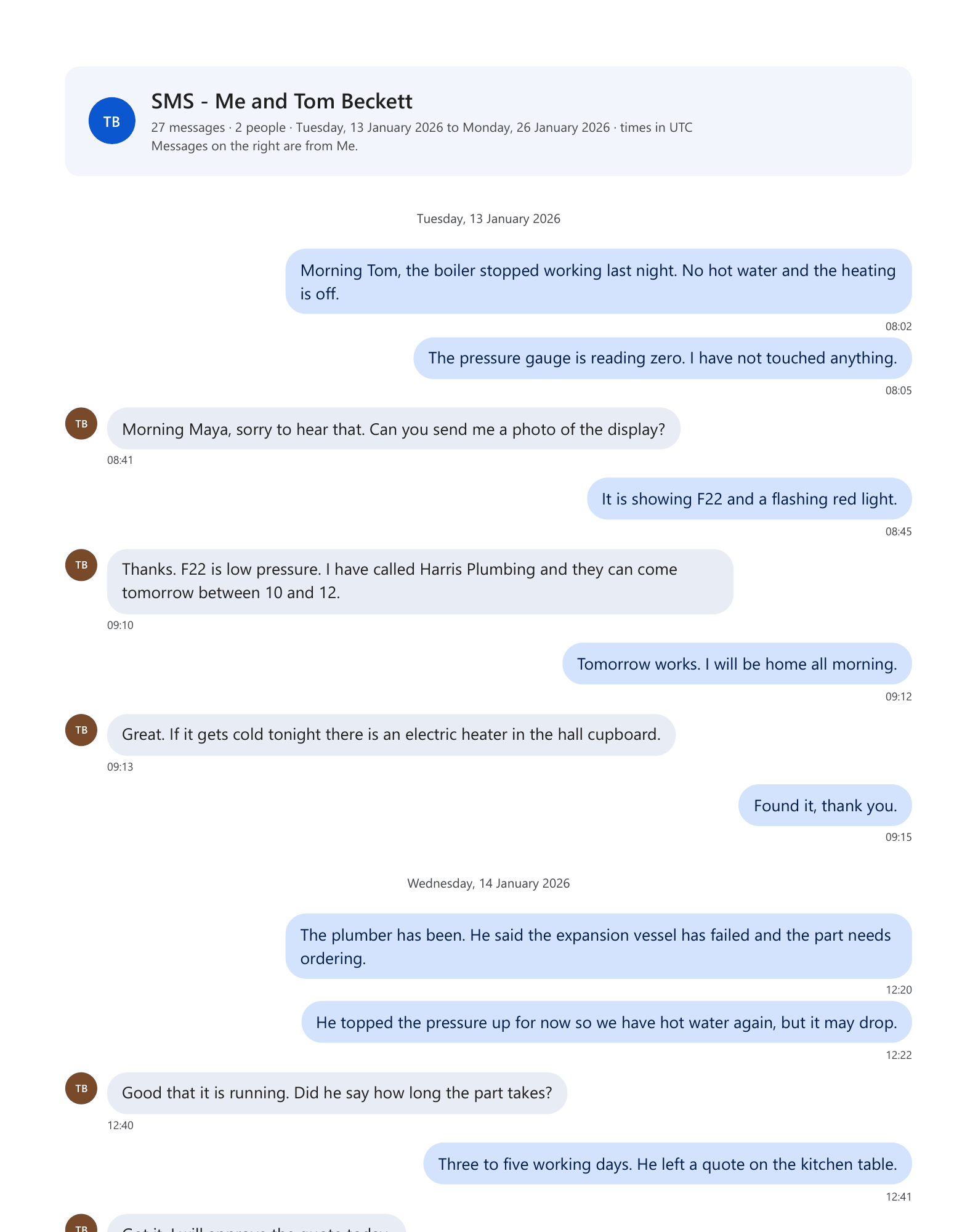 A page of the sample transcript in the Text message look style