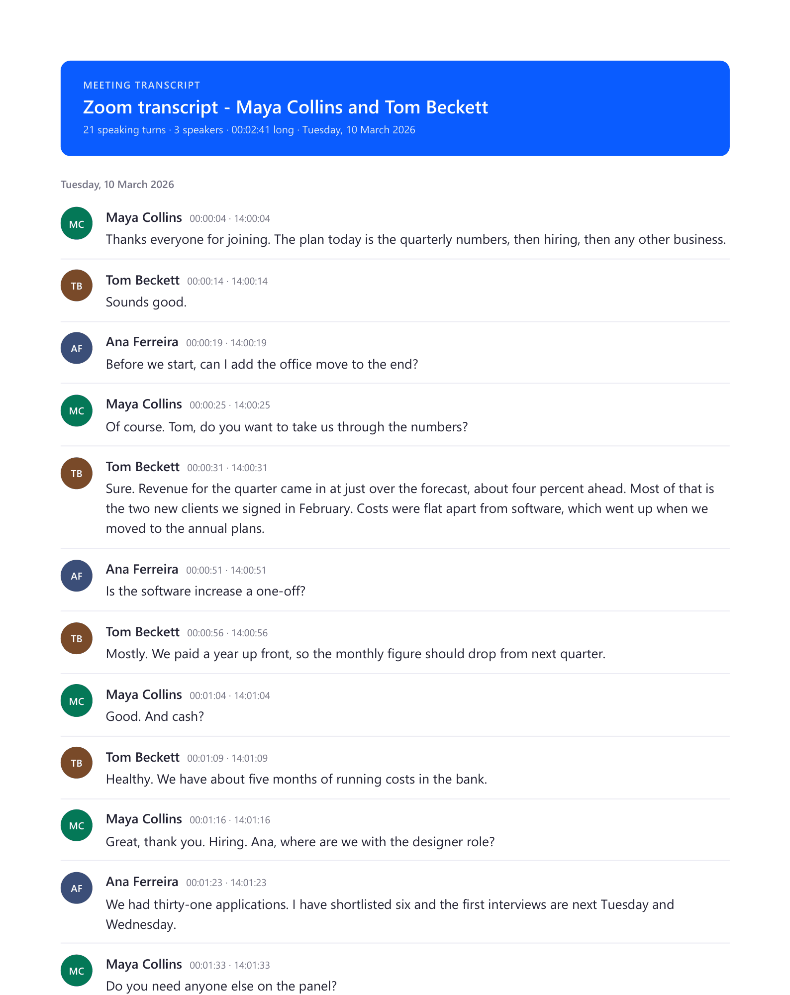A page of the sample transcript in the Zoom transcript look style